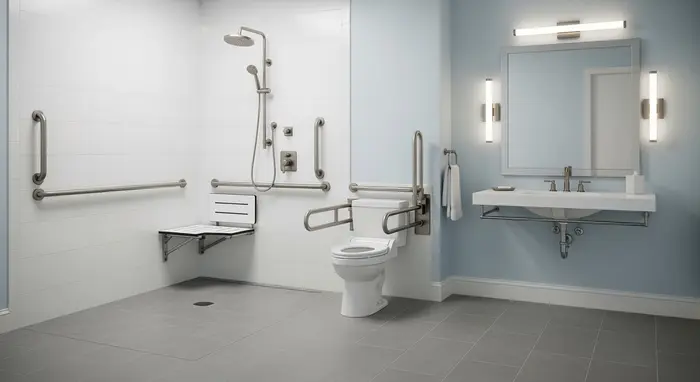 Modernes, barrierefreies Badezimmer mit bodengleicher Dusche, Haltegriffen und erhöhtem WC.