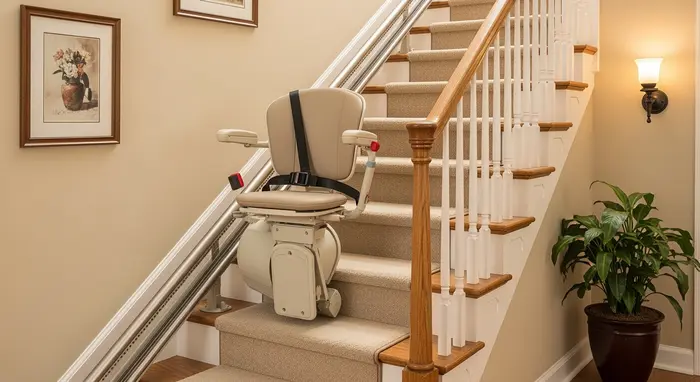 Treppenlift in einem Einfamilienhaus, Sitz an der Treppe mit Sicherheitsgurt.