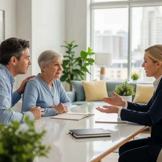 Senior und Angehörige im Gespräch mit Berater in moderner Beratungsumgebung; Fokus auf persönliche Betreuung.