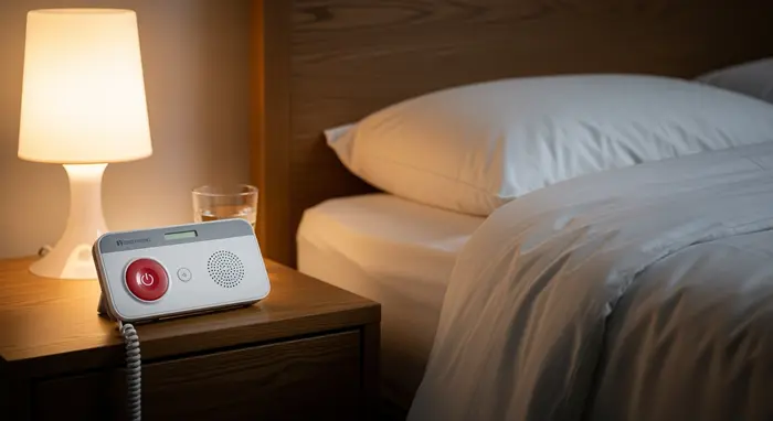 Hausnotruf-Gerät auf einem Nachttisch neben einem Bett, dezente Beleuchtung.