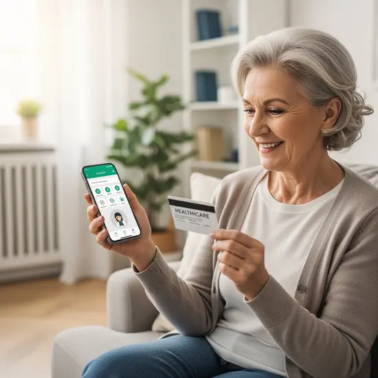 Seniorin nutzt Smartphone-App zu Hause, lächelt, hält Gesundheitskarte in der Hand; moderne digitale Nutzung.