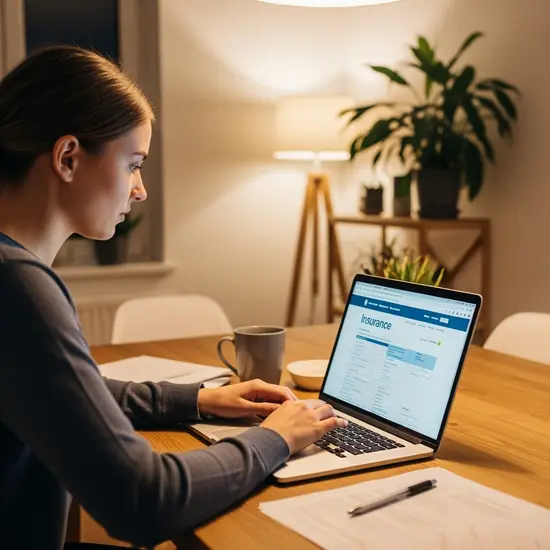 Junge Frau erledigt Versicherungsangelegenheiten am Laptop am Esstisch, konzentriert, gemütliche Wohnung.