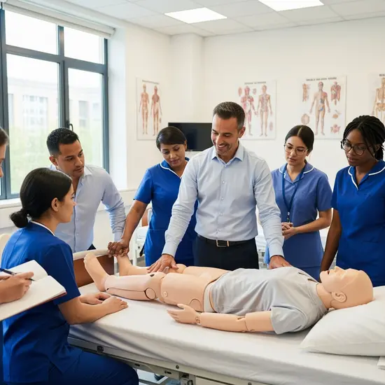 Kleine Gruppe lernt in einem Pflegekurs mit Pflegedummy rückenfreundliches Heben; Kursleiter erklärt freundlich.