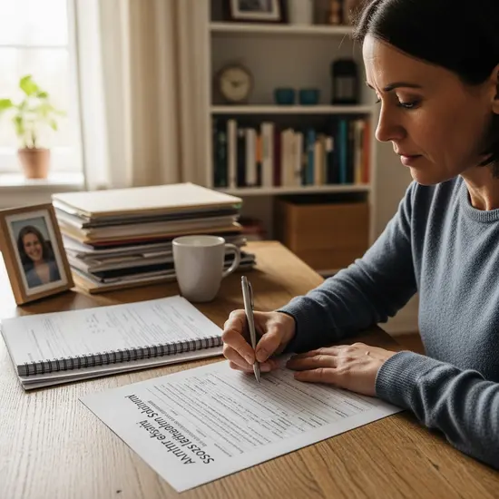 Pflegende Angehörige füllt am Schreibtisch ein Formular zur sozialen Absicherung aus; ruhige Szene.