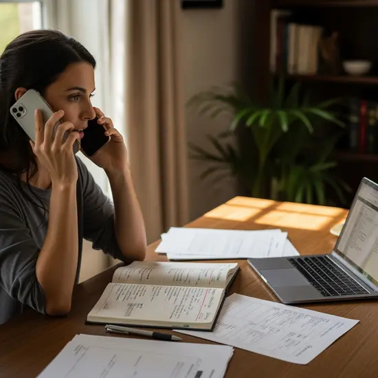 Erwachsene Tochter telefoniert mit Arbeitgeber und Pflegekasse, Kalender und Unterlagen liegen vor ihr.