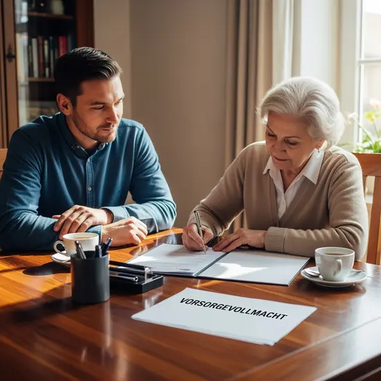 Seniorin unterschreibt eine Vorsorgevollmacht am Esstisch, Sohn sitzt unterstützend daneben.