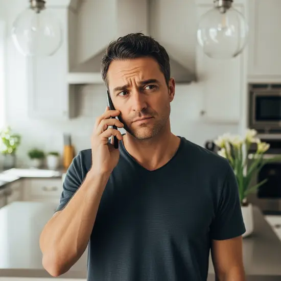Mann erhält verdächtigen Anruf, schaut skeptisch auf sein Handy in der Küche.