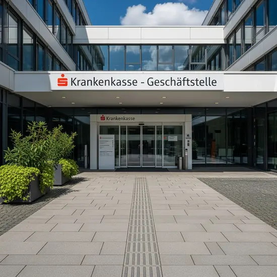 Außenansicht einer modernen Krankenkassen-Geschäftsstelle mit klarer Beschilderung und barrierefreiem Eingang.