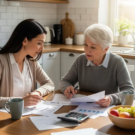 Erwachsene Tochter und Senior betrachten Unterlagen mit Taschenrechner am Küchentisch, diskutieren Beiträge und Leistungen.
