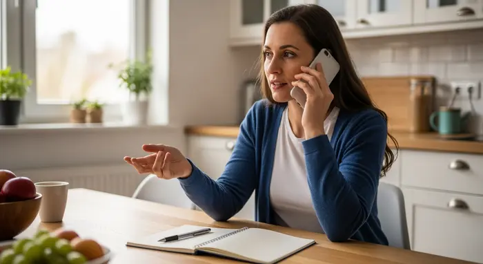 Frau telefoniert mit Pflegekasse am Küchentisch, Notizblock und Stift bereit – erster Schritt zur Antragstellung.