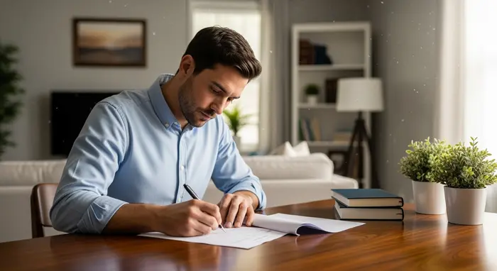 Mann füllt sorgfältig ein Formular aus, ruhige Wohnumgebung, konzentrierter Blick.