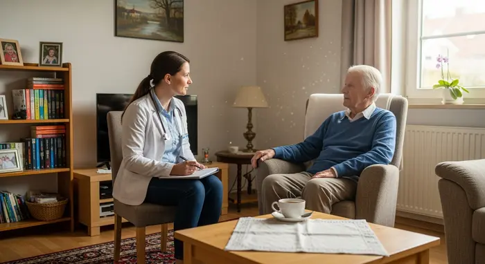 Gutachter des Medizinischen Dienstes besucht Senior zu Hause, Gespräch im Wohnzimmer, respektvolle Atmosphäre.
