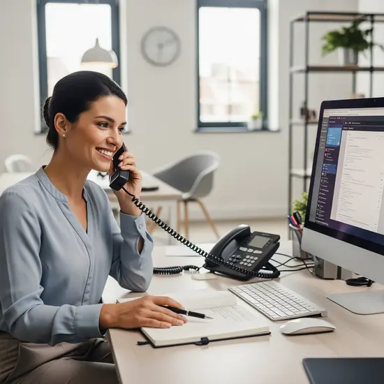 Freundliche Sachbearbeiterin telefoniert in einer modernen Geschäftsstelle, Notizblock und PC am Platz.