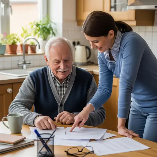 Älterer Herr und Pflegerin besprechen Unterlagen am Küchentisch, nahe Betreuung.