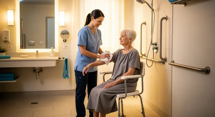 Pflegerin unterstützt Seniorin beim Waschen im barrierefreien Bad; sanfte, respektvolle Hilfe.