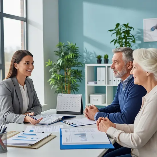 Freundliche Beraterin spricht mit einem älteren Paar in einem modernen Beratungsbüro, Unterlagen und Kalender liegen auf dem Tisch, helle Atmosphäre.