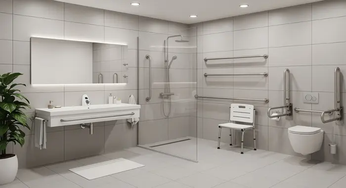 Modernes, barrierefreies Badezimmer mit bodengleicher Dusche, Haltegriffen und Duschsitz.