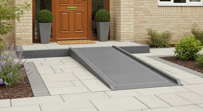 Flache Rampe am Hauseingang für Rollstuhlzugang, sauberer und wohnlicher Eingangsbereich.