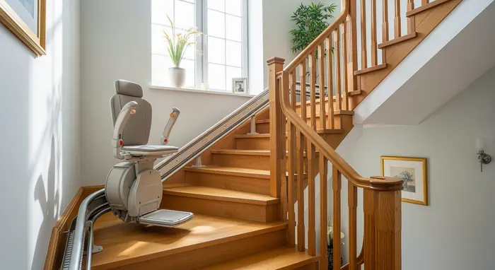 Treppenlift an einer Holztreppe in einem Einfamilienhaus, helles Tageslicht.