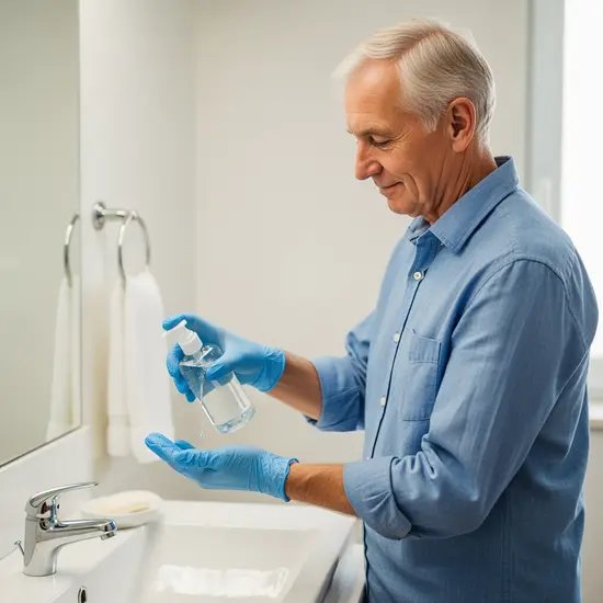Älterer Herr trägt Einmalhandschuhe am Waschbecken und nutzt Händedesinfektion.