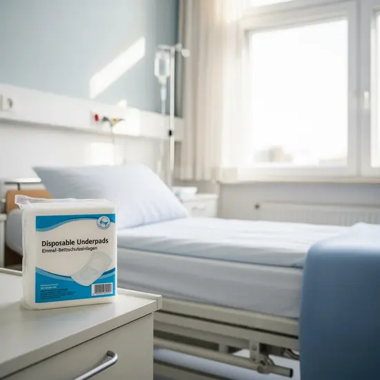 Packung mit Einmal-Bettschutzeinlagen neben einem Pflegebett, heller Raum.