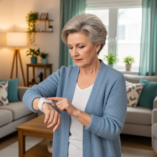 Seniorin trägt einen Hausnotruf-Sender als Armband und drückt den Notfallknopf, Wohnzimmer im Hintergrund.