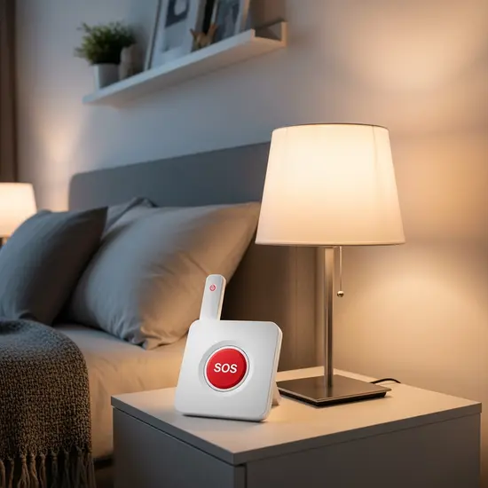 Hausnotruf-Basisgerät auf einem Nachttisch neben einer Lampe, aufgeräumtes Schlafzimmer.