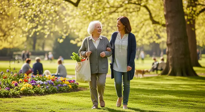 Ältere Dame mit Einkaufstasche geht mit einer Alltagsbegleiterin spazieren, fröhliche Stimmung im Park.