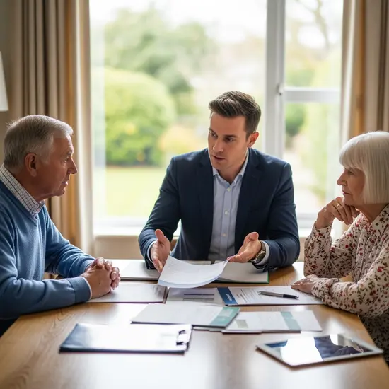 Pflegeberater erklärt einem Seniorenpaar verschiedene Leistungsoptionen an einem Tisch mit Unterlagen.