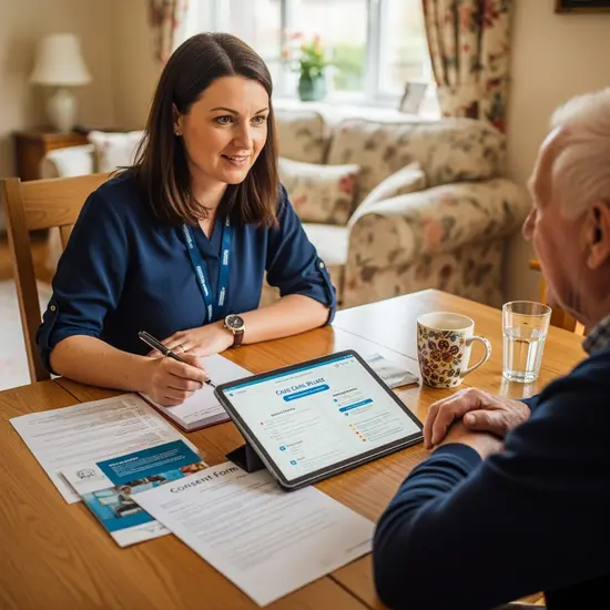Pflegeberaterin führt einen Hausbesuch durch und erstellt einen Versorgungsplan, Tablet und Stift auf dem Tisch.