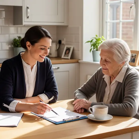 Pflegeberaterin besucht Seniorin zu Hause, erklärt Unterlagen am Küchentisch, ruhige und vertrauensvolle Szene.