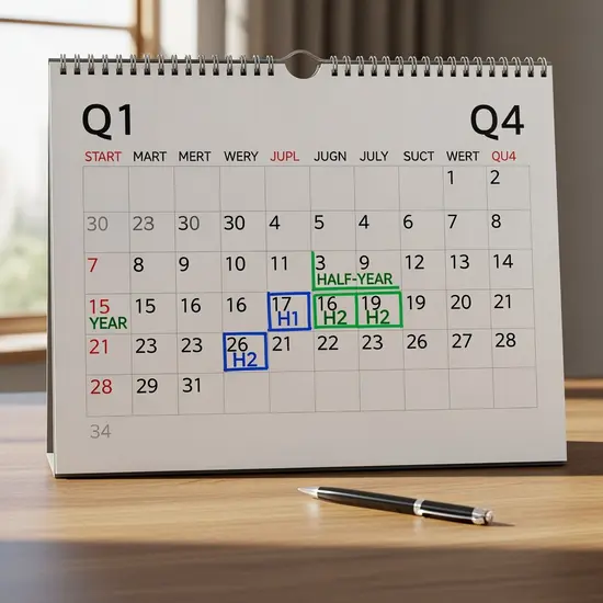 Kalender mit markierten Quartals- und Halbjahresterminen auf einem Schreibtisch, Stift daneben, ohne Text.