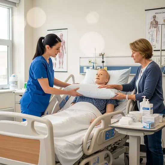 Praxisnahe Schulung: Pflegekraft zeigt einer Angehörigen das richtige Lagern am Pflegebett.