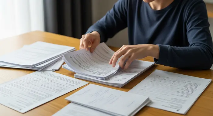 Angehörige sortiert Dokumente: Arztberichte, Medikamentenplan und Notizen auf einem Tisch, ohne lesbaren Text.