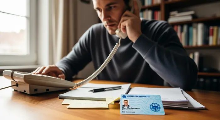 Mann telefoniert mit einer Krankenkasse, Notizen und Versichertenkarte liegen neben dem Telefon.