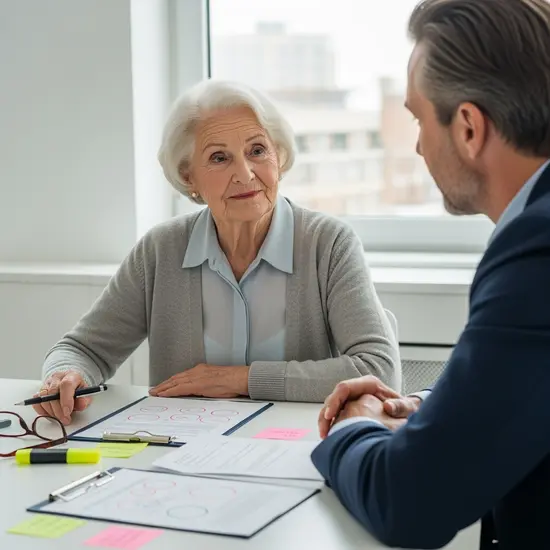 Seniorin bespricht Widerspruch mit einem Berater, Unterlagen und Markierungen auf Papier ohne lesbaren Text.