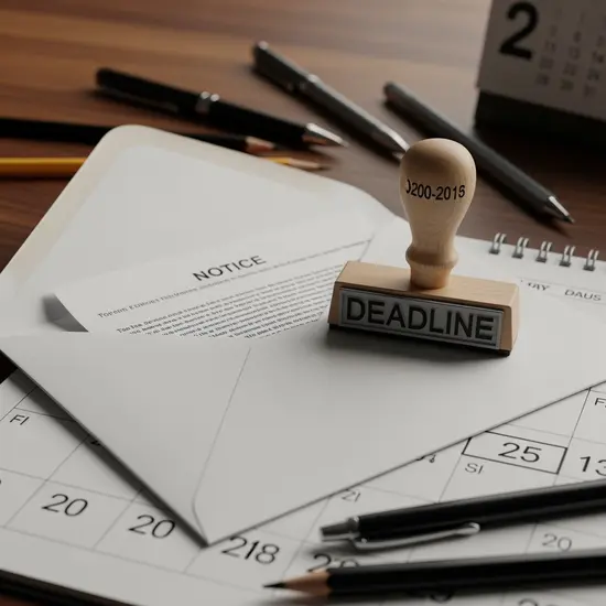 Briefumschlag und Stempel auf einem Schreibtisch, symbolisch für Bescheid und Fristen.