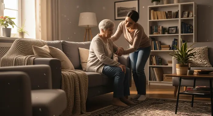 Tochter hilft ihrer pflegebedürftigen Mutter beim Sitzen auf dem Sofa, gemütliches Wohnzimmer, warmes Tageslicht.