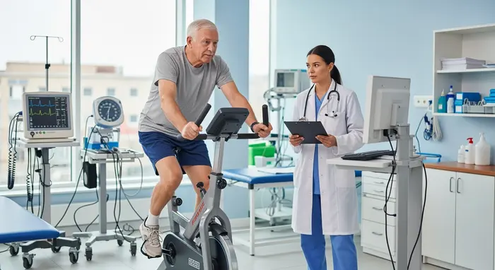 Senior macht mit einer Ärztin einen sportmedizinischen Fitnesstest auf dem Ergometer, medizinisches Umfeld.