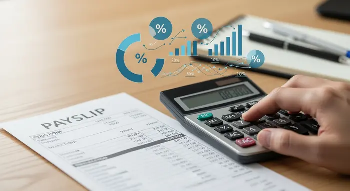 Lohnabrechnung und Taschenrechner auf einem Schreibtisch, Prozentangaben werden symbolisch berechnet, ohne lesbaren Text.