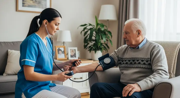 Ambulanter Pflegedienst besucht älteren Herrn in seiner Wohnung, Pflegerin misst Blutdruck.