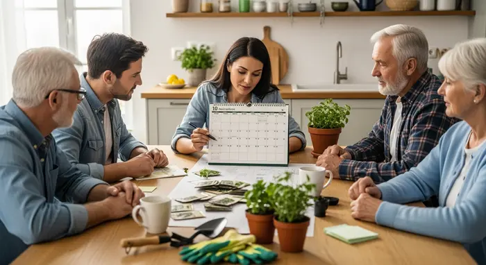 Familie plant Pflegeeinsatz am Küchentisch mit Kalender und Stift, fokussierte Stimmung ohne Text im Bild.