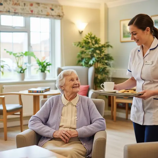Ältere Dame sitzt entspannt in einem Tagespflege-Raum, Pfleger serviert Tee, freundliche Umgebung.