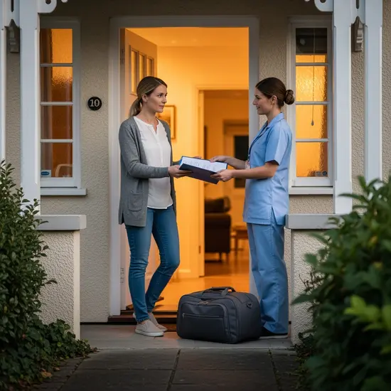 Pflegende Tochter übergibt Pflege an eine Vertretungsperson vor der Haustür, Reisetasche steht bereit.