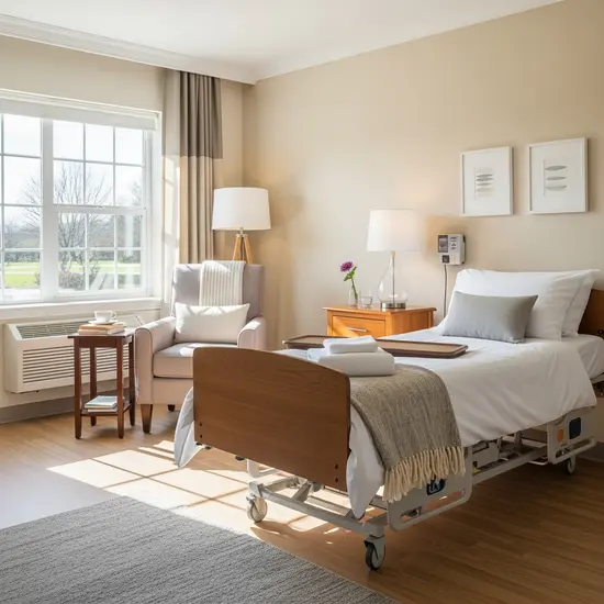 Helles Zimmer einer Kurzzeitpflegeeinrichtung mit Pflegebett, Nachttisch und Sessel, einladende Atmosphäre.