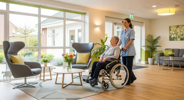 Moderne Pflegeheim-Lobby mit Sitzgruppe, Pflegerin begleitet Senior im Rollstuhl, freundliche Atmosphäre.