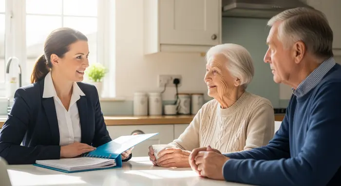 Pflegeberaterin spricht freundlich mit älterem Paar am Küchentisch, Ordner mit Unterlagen, Tasse Tee, helles Tageslicht, vertrauensvolle Atmosphäre.