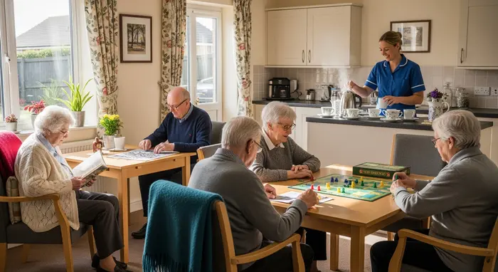 Kleine ambulant betreute Wohngruppe: mehrere Senioren sitzen gemütlich im Gemeinschaftsraum, Präsenzkraft bereitet Tee vor.