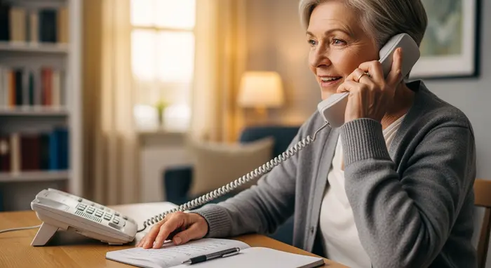 Ältere Versicherte telefoniert mit Service-Hotline, Notizblock und Stift griffbereit, ruhige Wohnumgebung.