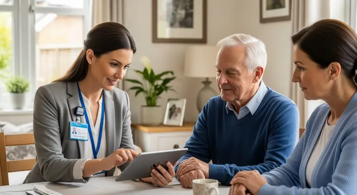 MDK-Gutachterin besucht Senior zu Hause, füllt Formular auf Tablet aus, Familienangehörige sitzt daneben, respektvolle Atmosphäre.